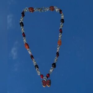 Silver Red Butterfly Beaded Necklace